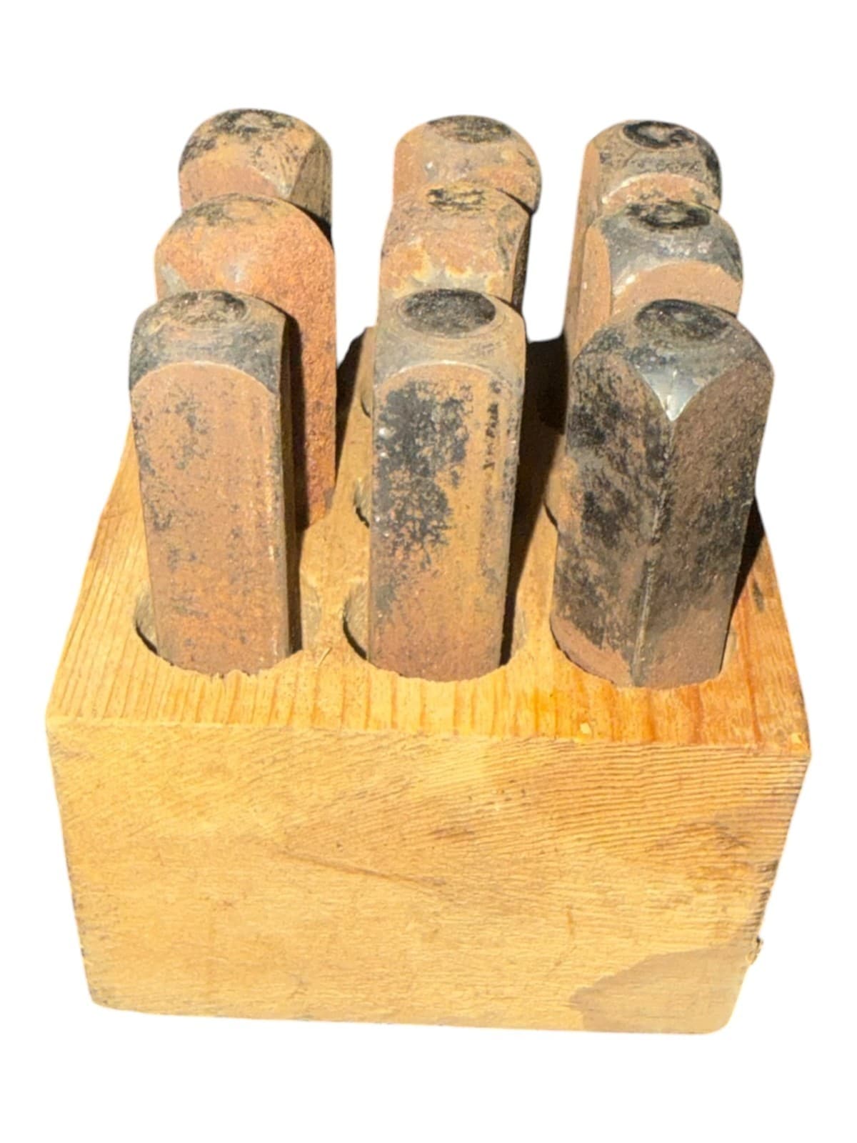 Vintage Metal Number Punch Set Rustic Wood Block 9pc - Thumbnail 3
