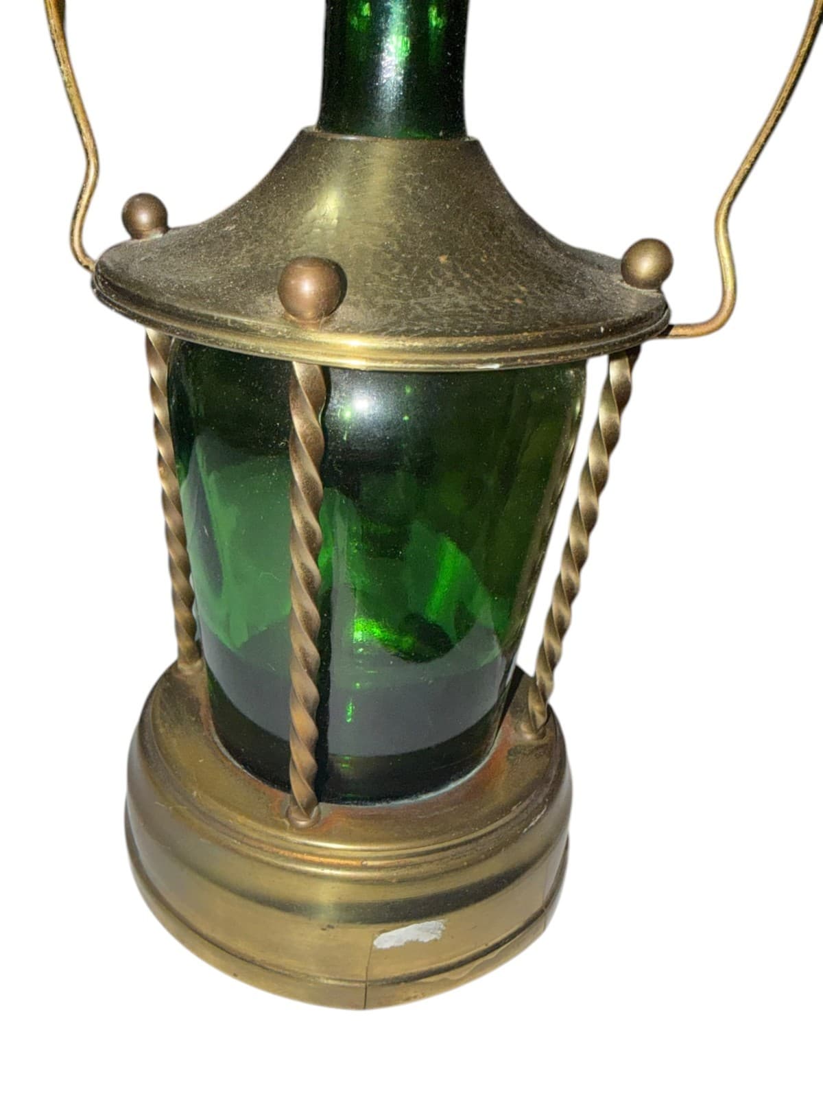 Vintage Musical Lantern Decanter Green Glass Brass Nautical Ship Light - Thumbnail 4