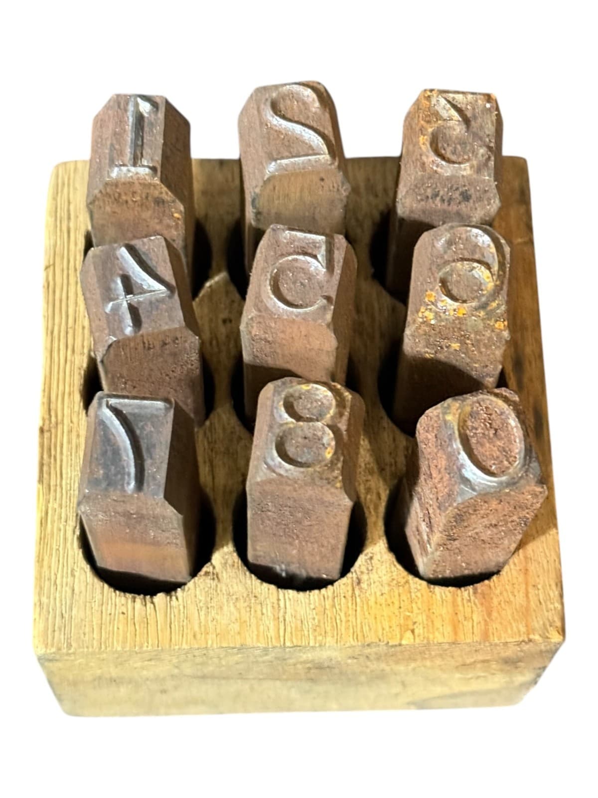 Vintage Metal Number Punch Set Rustic Wood Block 9pc - Image 1