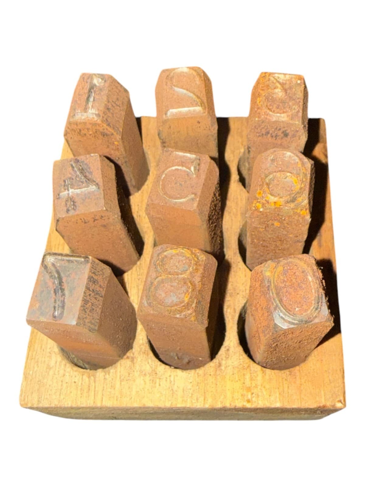 Vintage Metal Number Punch Set Rustic Wood Block 9pc - Thumbnail 4