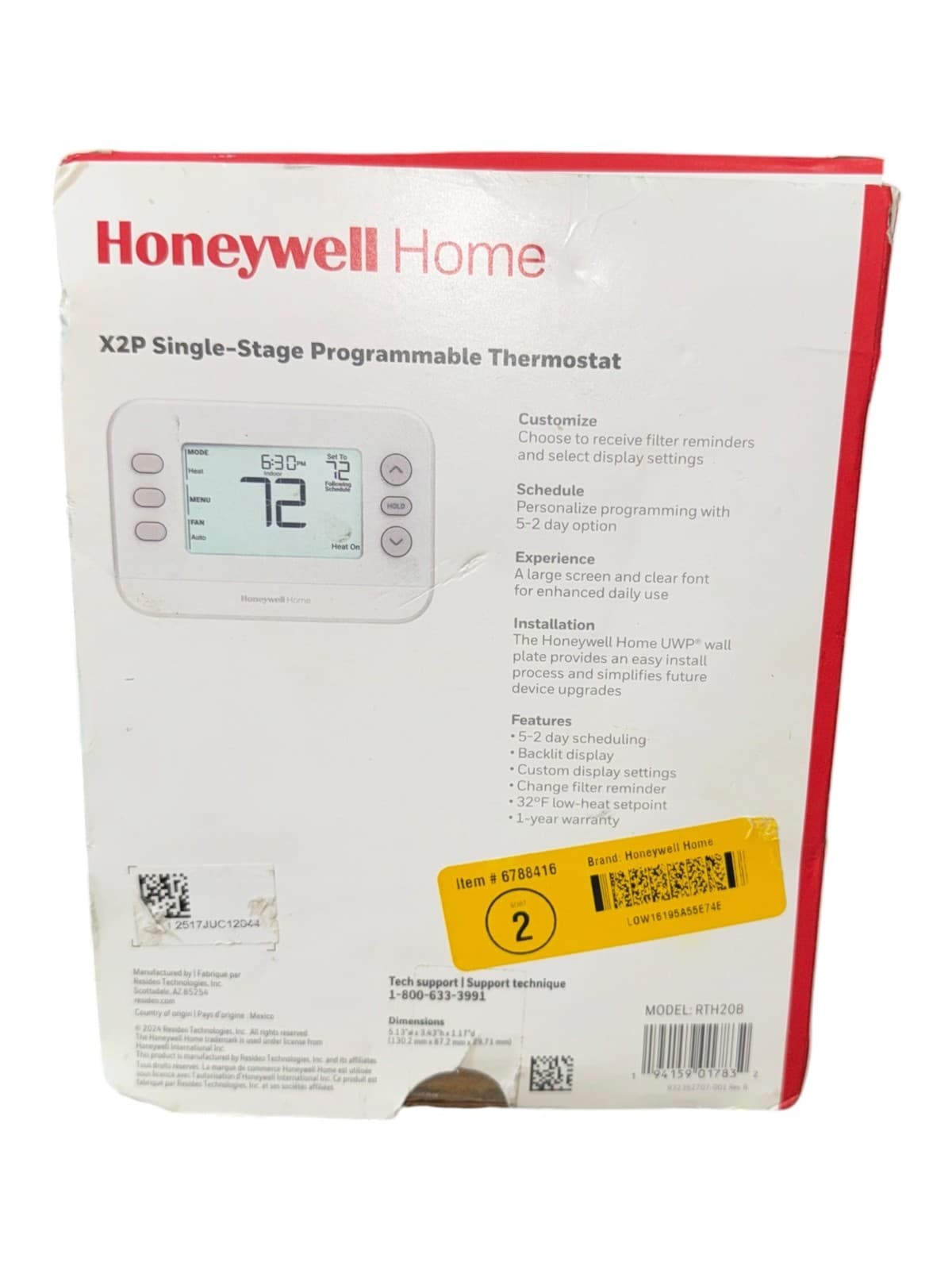 Honeywell Home RTH20B X2P Single-Stage Programmable Thermostat 5-2 Day Schedule - Thumbnail 2