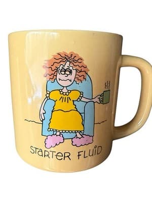 Vintage Funny Coffee Mug “Starter Fluid” Cartoon Woman Yellow Ceramic Cup - Thumbnail 2
