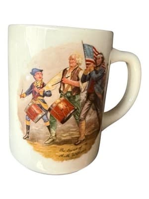 Vintage Patriotic Coffee Mug Colonial Drummers American Flag Historical Scene