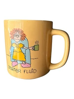 Vintage Funny Coffee Mug “Starter Fluid” Cartoon Woman Yellow Ceramic Cup