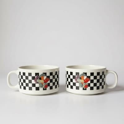 Vintage Giftco Set of 2 Ceramic Soup Mugs Black White Checkered Vegetables - Image 1
