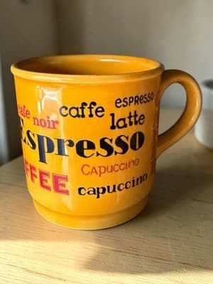Vintage Coffee Words Mug Espresso Latte Cappuccino Yellow Ceramic Cup