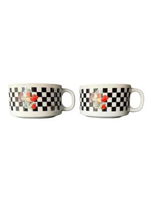Vintage Giftco Set of 2 Ceramic Soup Mugs Black White Checkered Vegetables - Thumbnail 2