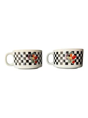Vintage Giftco Set of 2 Ceramic Soup Mugs Black White Checkered Vegetables - Thumbnail 3