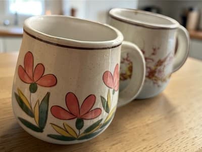 Vintage Stoneware Floral Coffee Mugs Set of 2 Hand Painted Flower Cups - Thumbnail 3
