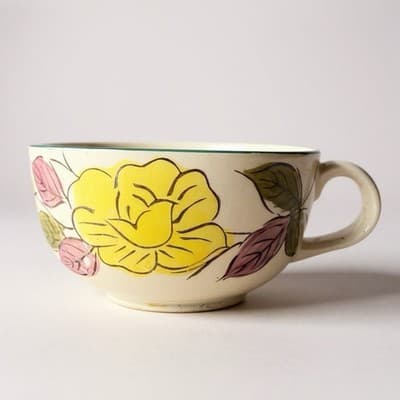 Mid-Century Hand-Painted Green Leaves Oversized Ceramic Mug