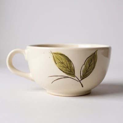 Mid-Century Hand-Painted Green Leaves Oversized Ceramic Mug - Thumbnail 2