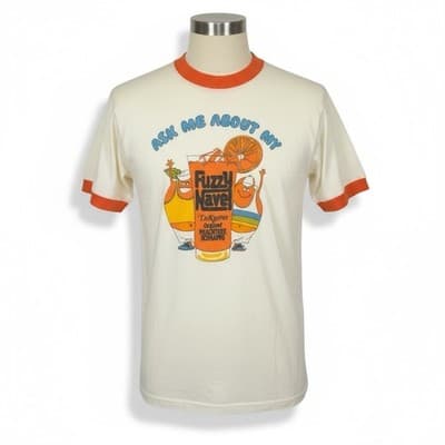 Vintage 1980s DeKuyper Fuzzy Navel “Ask Me About My” Ringer T-Shirt Fuzzy Navel - Image 1