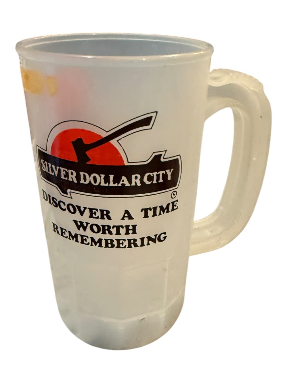 Vintage Silver Dollar City Super Mug Souvenir Frosted Plastic Mug Train Logo - Image 1