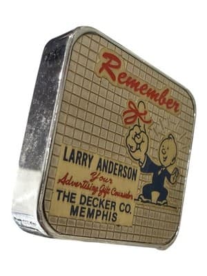 Vintage Advertising Tape Measure Mr. Bingle Decker Co Memphis Metal Case - Thumbnail 2