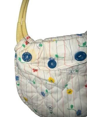 Vintage Floral Quilted Handbag Purse Blue Buttons Plastic Handles Cottagecore - Thumbnail 2