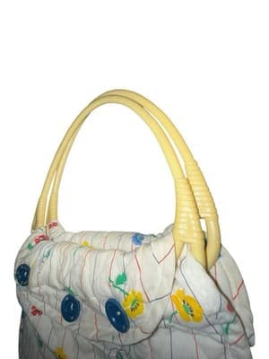 Vintage Floral Quilted Handbag Purse Blue Buttons Plastic Handles Cottagecore - Thumbnail 3