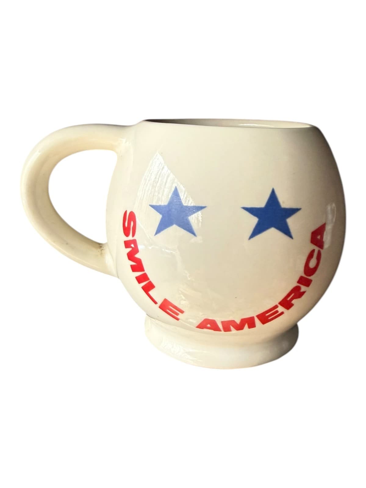 Vintage Smile America Blue Stars Ceramic Coffee Mug Cup White Patriotic USA - Image 1
