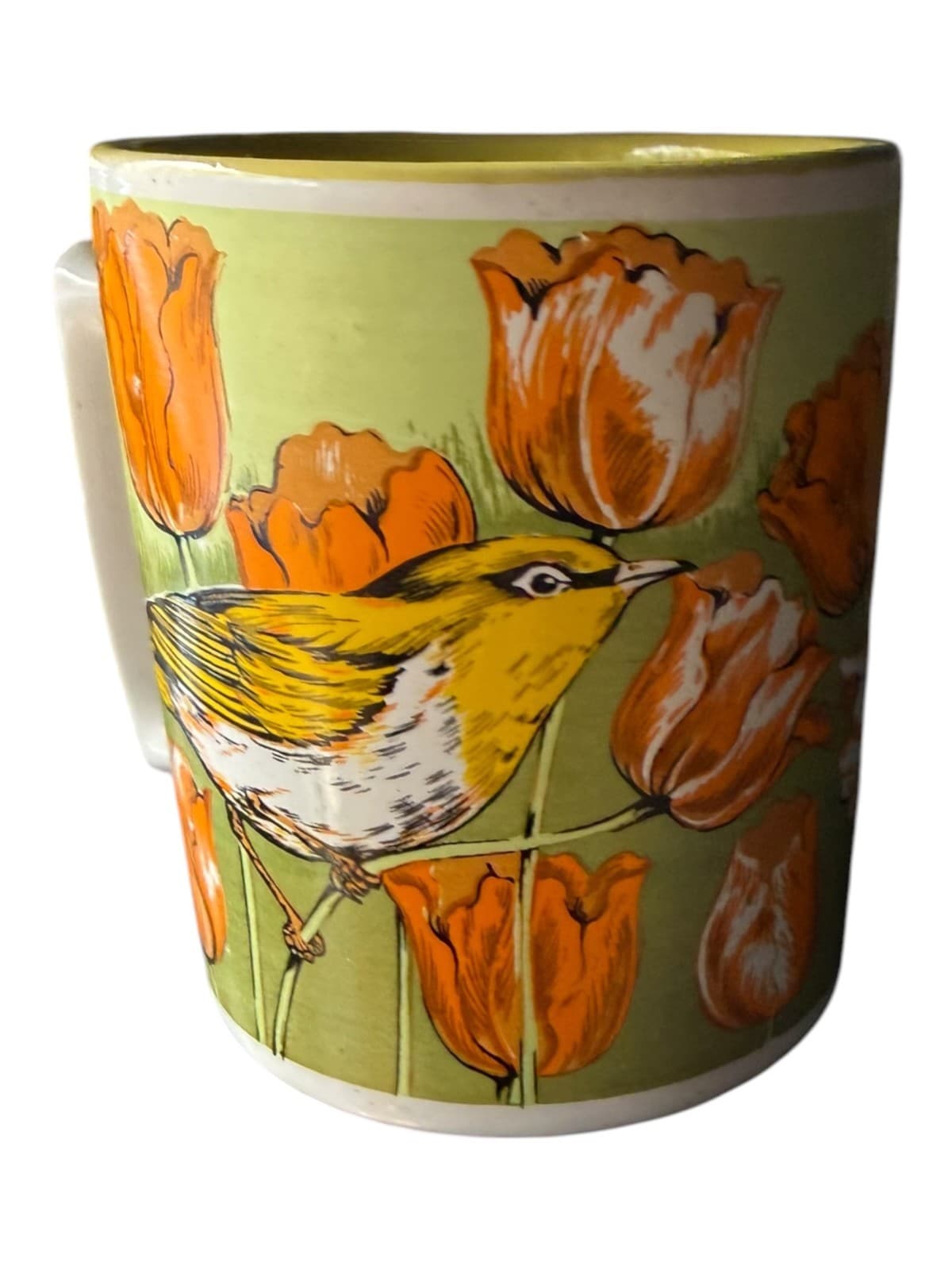 Vintage Yellow Bird Orange Tulips Ceramic Coffee Tea Cup Mug White - Thumbnail 4