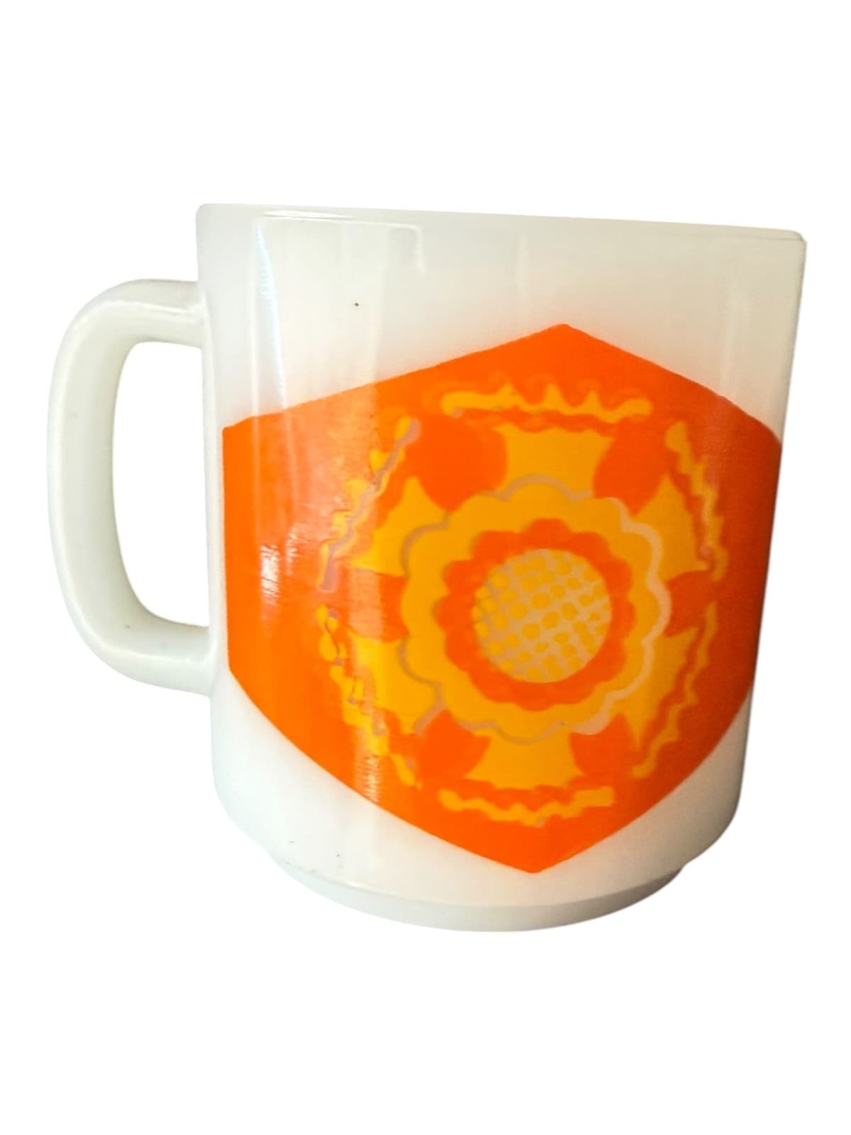 Vintage Glasbake Orange Hexagon Floral Milk Glass Mug White - Image 1