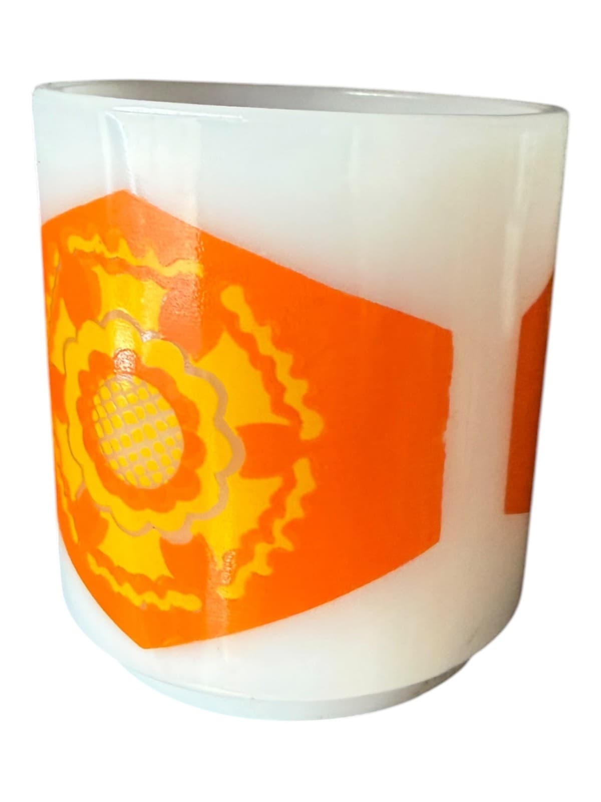 Vintage Glasbake Orange Hexagon Floral Milk Glass Mug White - Thumbnail 3