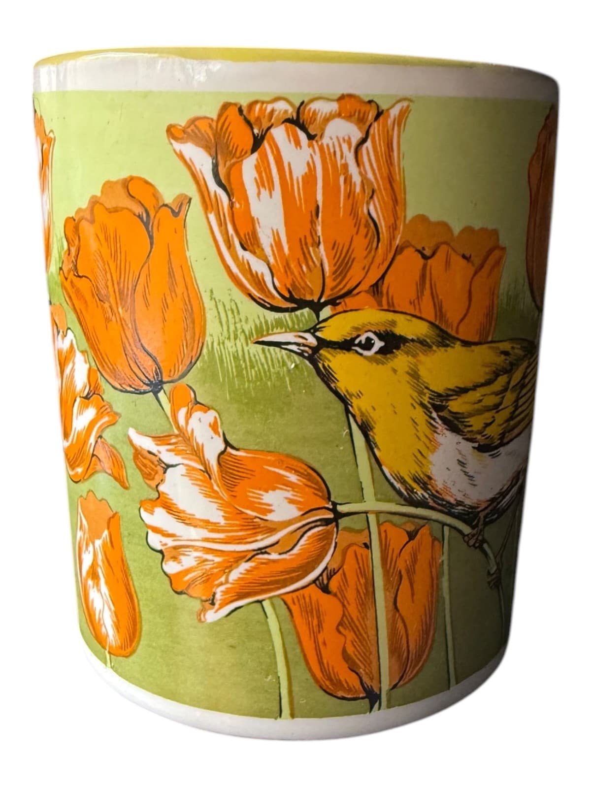 Vintage Yellow Bird Orange Tulips Ceramic Coffee Tea Cup Mug White - Thumbnail 2