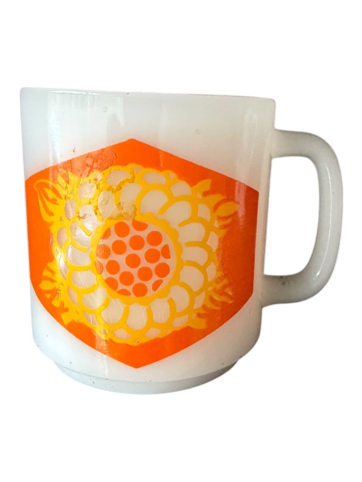 Vintage Glasbake Orange Hexagon Floral Milk Glass Mug White - Thumbnail 4