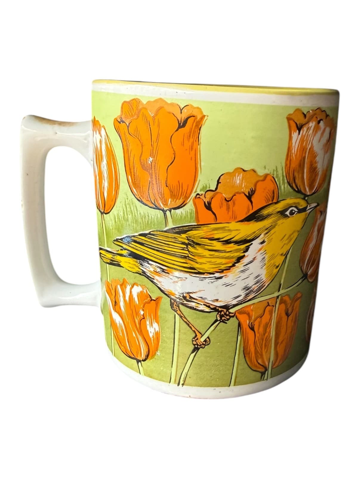 Vintage Yellow Bird Orange Tulips Ceramic Coffee Tea Cup Mug White - Thumbnail 3