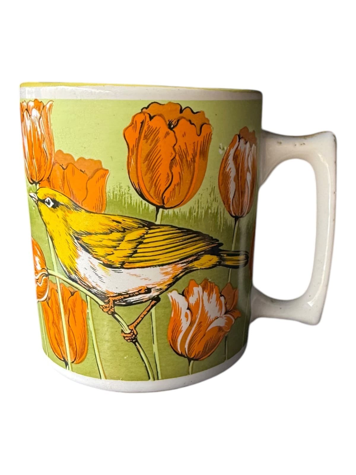 Vintage Yellow Bird Orange Tulips Ceramic Coffee Tea Cup Mug White - Image 1
