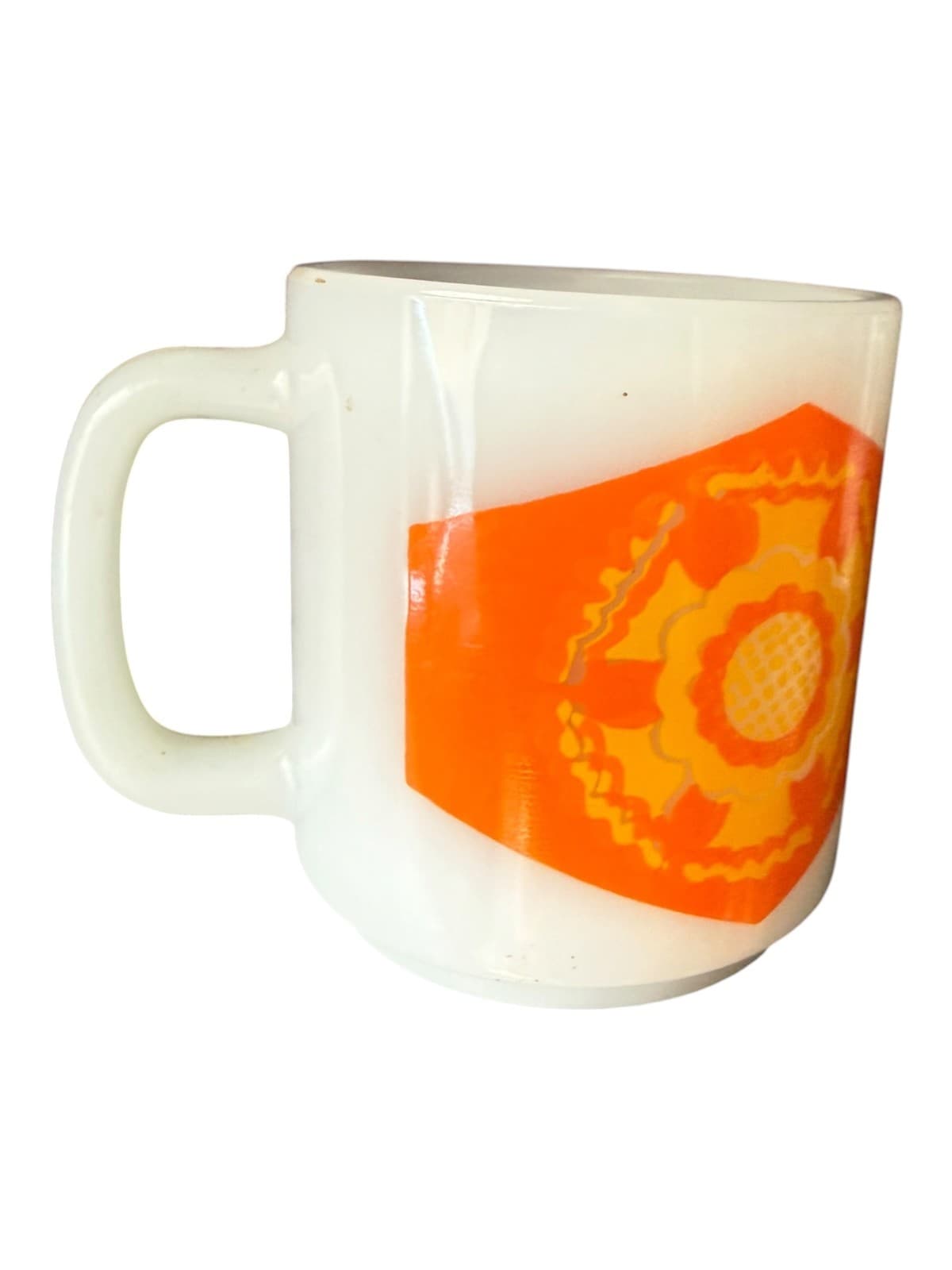 Vintage Glasbake Orange Hexagon Floral Milk Glass Mug White - Thumbnail 2