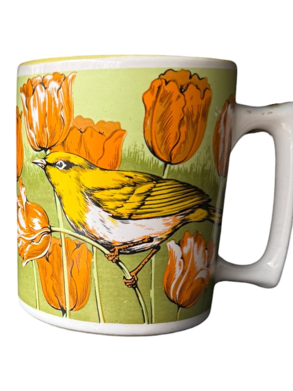 Vintage Yellow Bird Orange Tulips Ceramic Coffee Tea Cup Mug White - Thumbnail 7