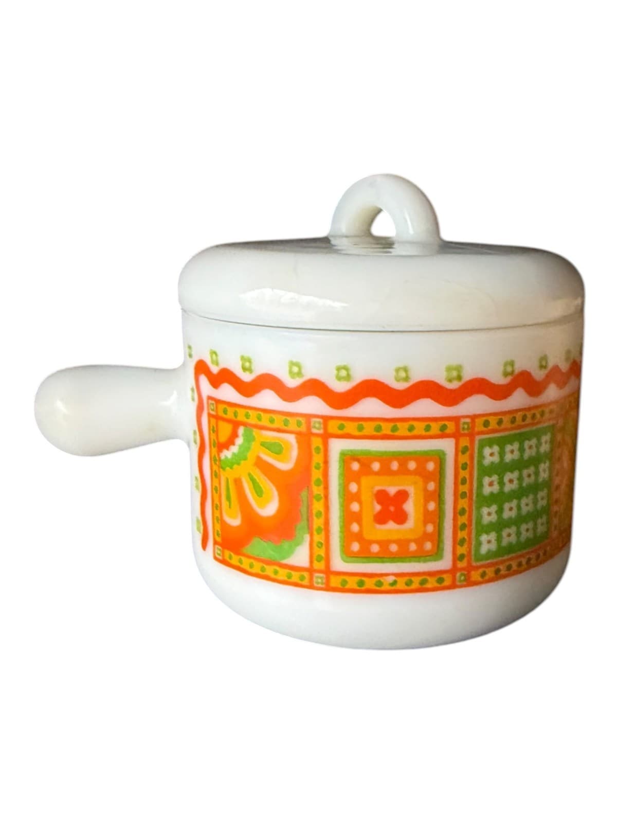 Vintage Avon Patchwork Print Milk Glass Mug Cup w/Handle and Lid - Thumbnail 2