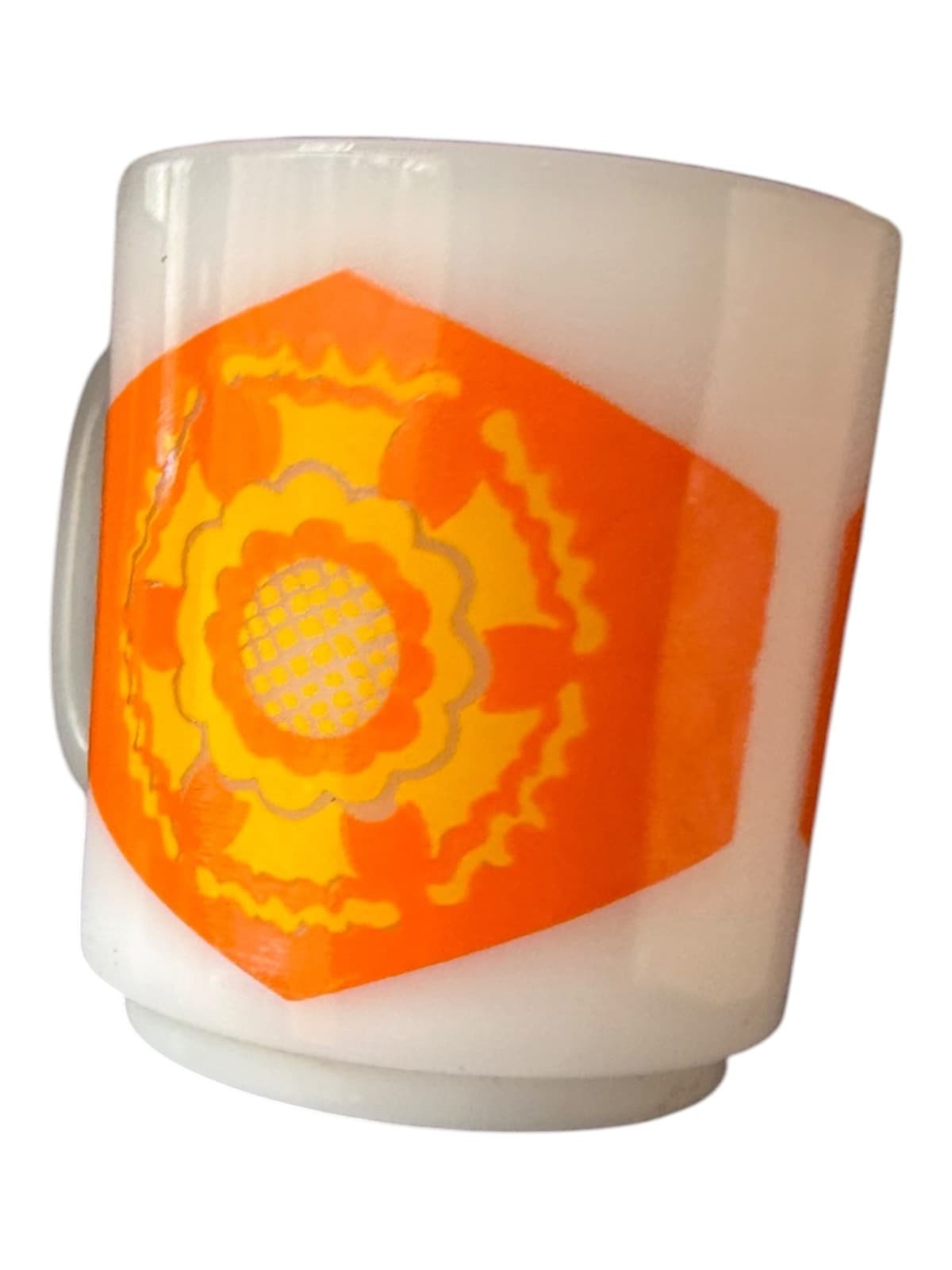 Vintage Glasbake Orange Hexagon Floral Milk Glass Mug White - Thumbnail 6