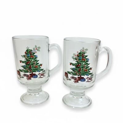 Vintage Christmas Tree Footed Glass Mugs Set of 2 Made in USA w/ Box - Image 1
