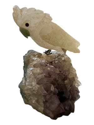 Carved White Jade Cockatoo on Amethyst Geode Base Sculpture - Thumbnail 2