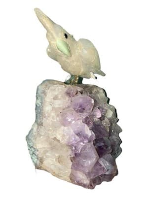 Carved White Jade Cockatoo on Amethyst Geode Base Sculpture - Thumbnail 3