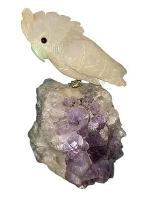 Carved White Jade Cockatoo on Amethyst Geode Base Sculpture - Image 1