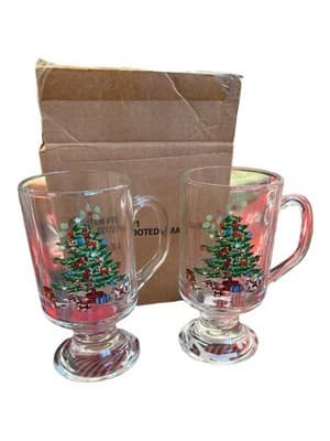 Vintage Christmas Tree Footed Glass Mugs Set of 2 Made in USA w/ Box - Thumbnail 2