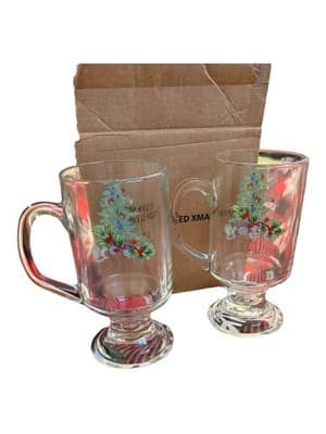 Vintage Christmas Tree Footed Glass Mugs Set of 2 Made in USA w/ Box - Thumbnail 3