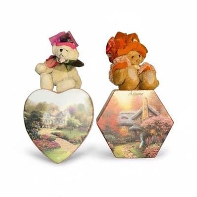 Vintage Summer Autumn Teddy Bear Plush Set Heart Hexagon Scenic Tins - Image 1