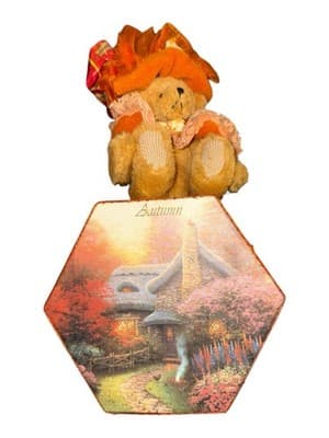 Vintage Summer Autumn Teddy Bear Plush Set Heart Hexagon Scenic Tins - Thumbnail 4