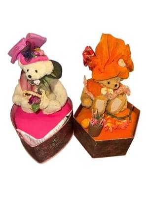 Vintage Summer Autumn Teddy Bear Plush Set Heart Hexagon Scenic Tins - Thumbnail 3