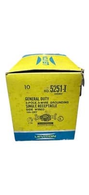 Leviton 5251-I Single Receptacle 15A 125V Ivory NOS Box of 10 - Image 1