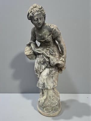 Antique 30” Cast Stone Garden Statue - Peasant Girl w/ Hen & Basket - Image 1