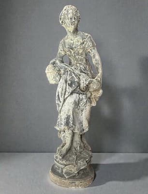 Antique 30” Cast Stone Garden Statue - Peasant Girl w/ Hen & Basket - Thumbnail 4