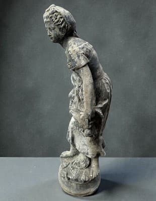 Antique 30” Cast Stone Garden Statue - Peasant Girl w/ Hen & Basket - Thumbnail 2