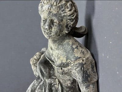 Antique 30” Cast Stone Garden Statue - Peasant Girl w/ Hen & Basket - Thumbnail 3