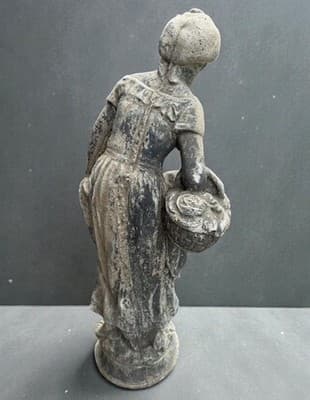 Antique 30” Cast Stone Garden Statue - Peasant Girl w/ Hen & Basket - Thumbnail 6