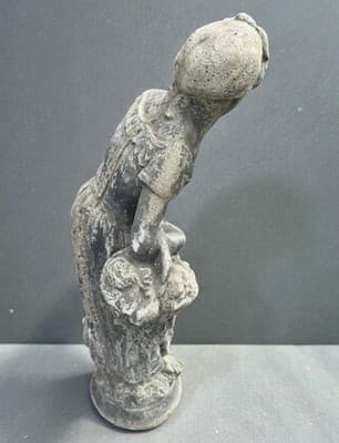 Antique 30” Cast Stone Garden Statue - Peasant Girl w/ Hen & Basket - Thumbnail 7
