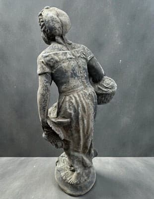 Antique 30” Cast Stone Garden Statue - Peasant Girl w/ Hen & Basket - Thumbnail 5