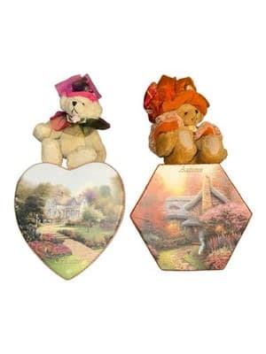 Vintage Summer Autumn Teddy Bear Plush Set Heart Hexagon Scenic Tins - Thumbnail 2